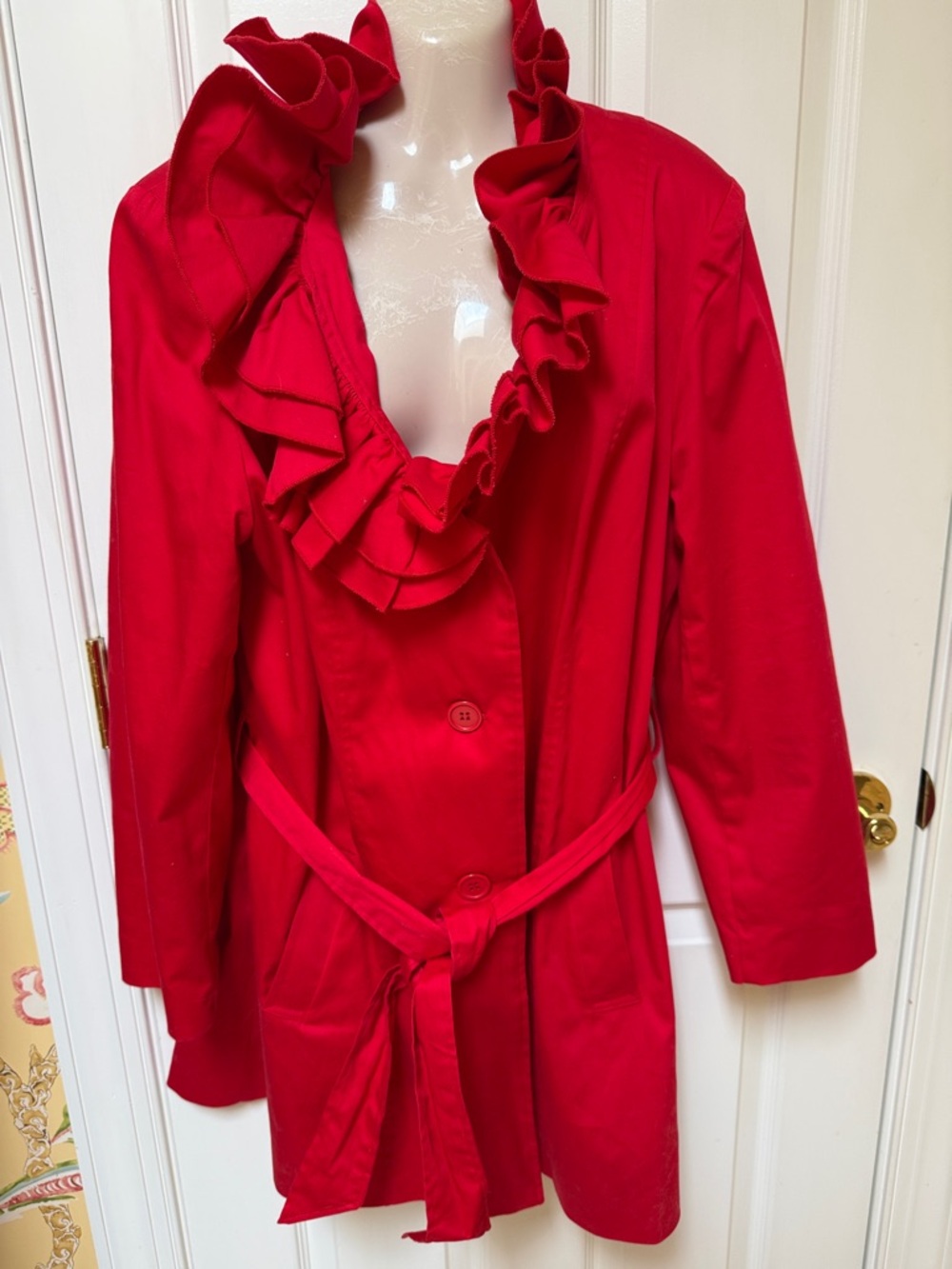 Women's Red Ruffle-Trim Belted Trench Coat